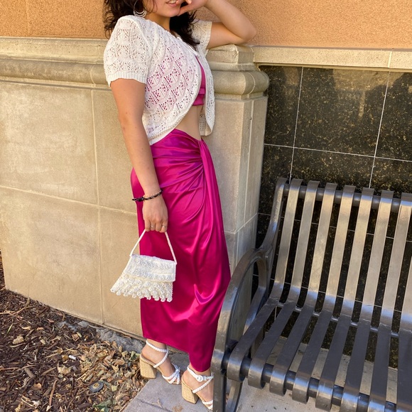 NWT MABLE BRAND Magenta Fuchsia -2 piece skirt w crop top -sz XS S M satin set - Picture 13 of 16